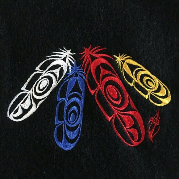 100% Wool Native Motifs Scarf Black 12" * 76" Embroidery Applique Long Fringe - Picture 3 of 5